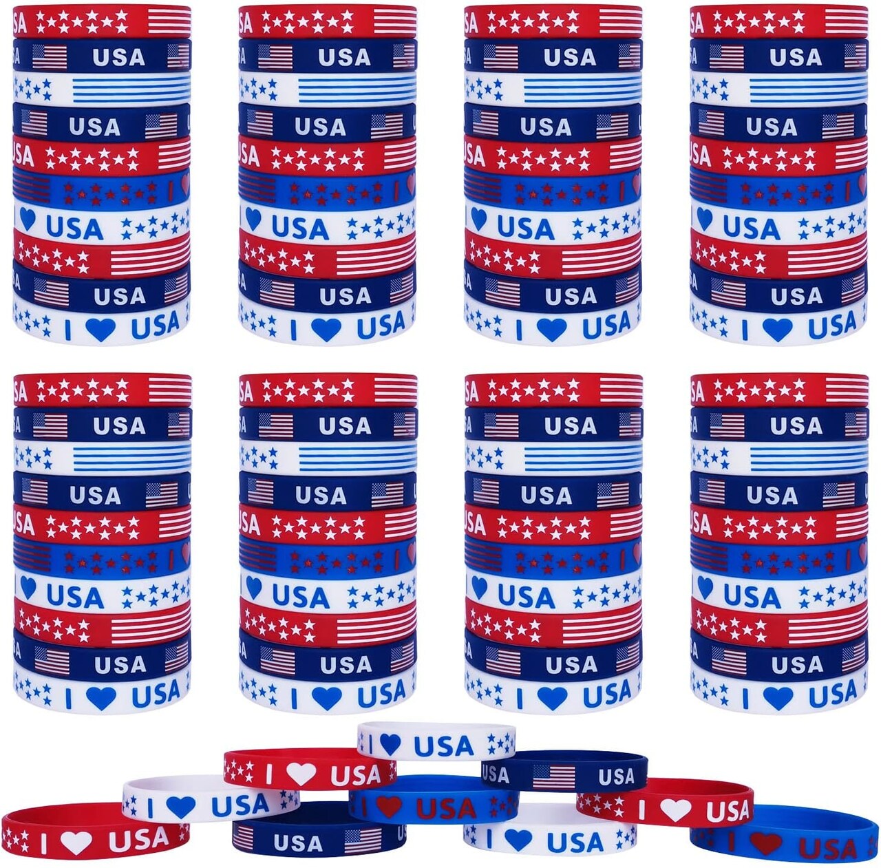 American Flag Silicone Bracelets 100Pcs, Election Fourth 4th of July Party Accessories USA Veterans Day Memorial Day Patriotic Party